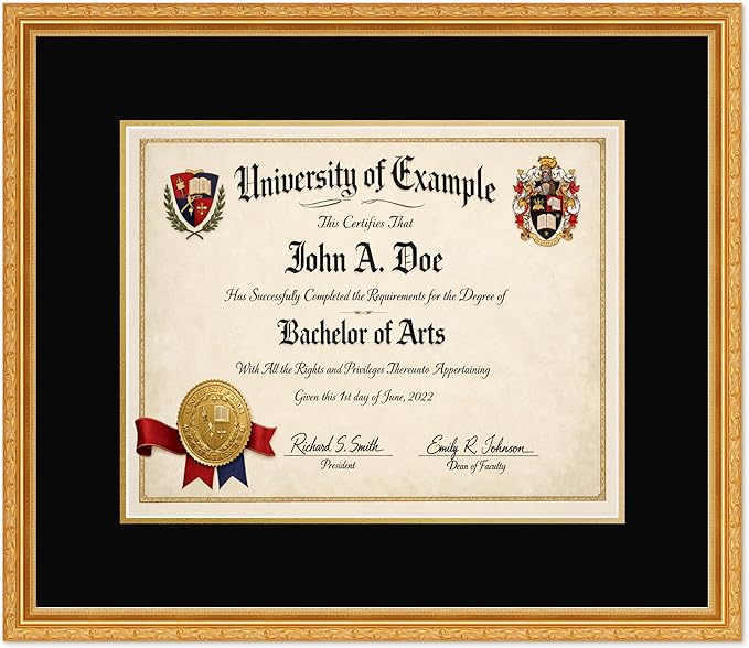 CountryArtHouse Diploma Frame Fits 15 x 12 Military/Government - Keepsake Graduation Display Museum Gold Genuine Hardwood with Black Over Metallic Gold Double mat