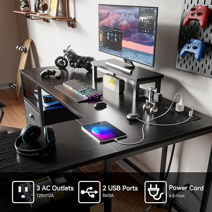 Furologee L Shaped Gaming Desk with Power Outlet, Corner Computer Desk for Home Office, Reversible 50 Inch Work Study Table with File Drawer, Monitor Stand, Storage Shelves, Black