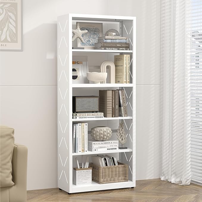5 Tier Bookshelf, 55"Tall Metal Bookcase with Adjustable Shelves, Modern Display Book Shelf, White Bookcase Shelf, Utility Shelf, Storage Shelves for Office, Living Room, Kitchen, Study-23"W