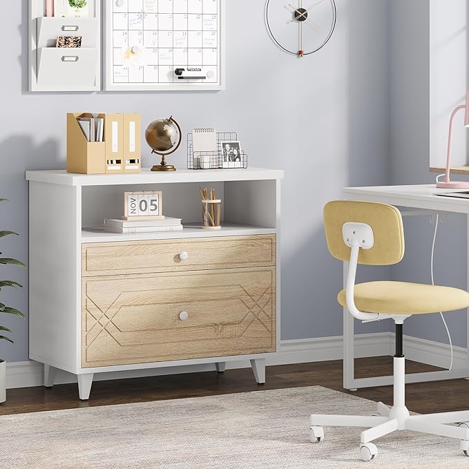 Lateral File Cabinet with Shelf, 2 Drawer Filing Cabinet for A4/Letter/Legal Size, Modern Industrial Office Storage Cabinet Printer Stand for Home Office, White and Light Brown