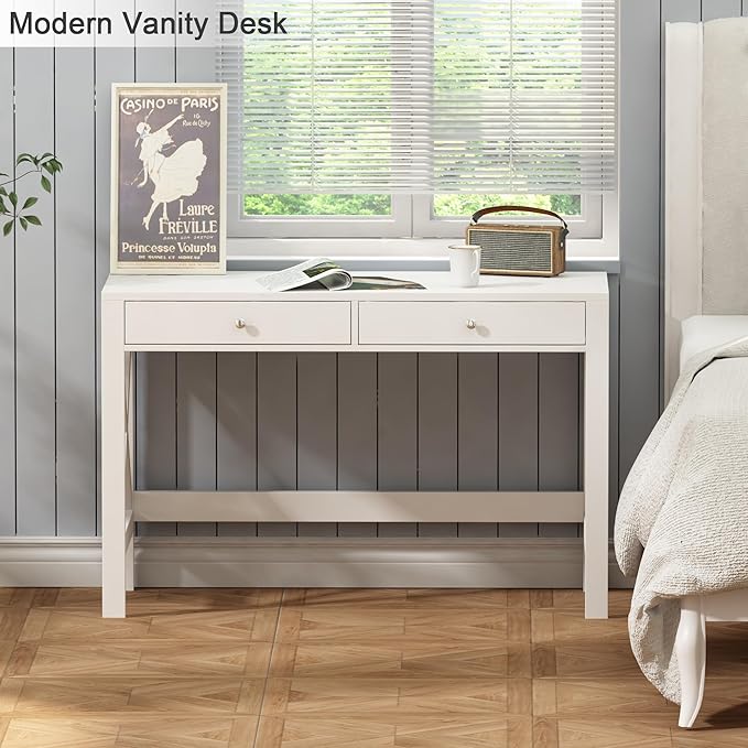 ChooChoo Computer Desk Study for Home Office, Modern Simple 40 Inches Desk with Drawers, Makeup Vanity Console Table, White