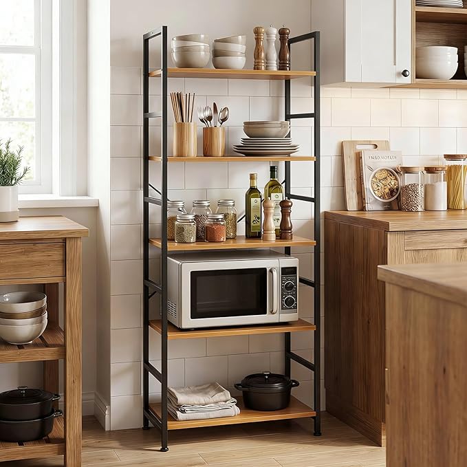 5 Tier Bookshelf, Free Standing Wooden Bookcase with Open Storage Shelves with Metal Frame, Sturdy Shelf Organization Display Rack for Living Room, Bedroom, Home Office, 62.2" Tall, Wood