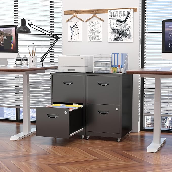 2 Drawer Mobile File Cabinet with Lock, Black Metal Filing Cabinets with Wheels, Vertical Rolling File Cabinet Fit Hanging Files, Letter and A4 Documents