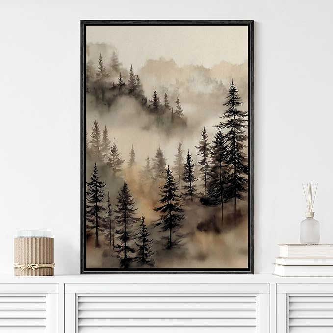 MUDECOR Framed Canvas Print Wall Art Misty Forest Landscape Watercolor Illustrations Minimalism Decorative Relax Colorful for Living Room, Bedroom, Office - 24"x36" Black