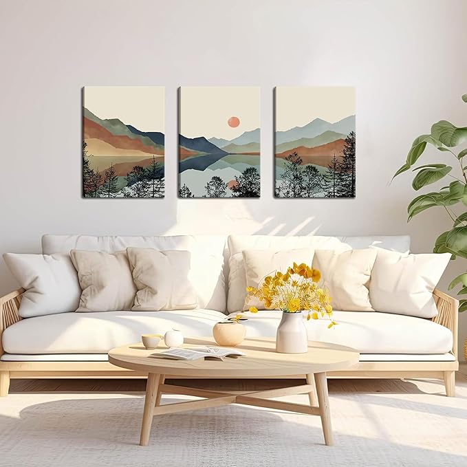 AKWISH Framed Mountain Canvas Wall Art Set of 3, Boho Watercolor Poster Prints Painting, Sun Forest Abstract Nature Landscape Artwork Wall Decor for Living Room, Bedroom, Office 16x24 In