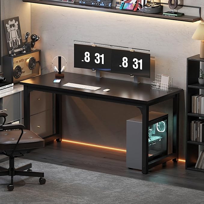 NSdirect 63 inch Computer Desk,Modern Simple Style PC Table Office Desk Wide Workstation for Study Writing,Gaming and Home Office,Extra 1" Thicker Wooden Tabletop and Black Metal Frame,Black