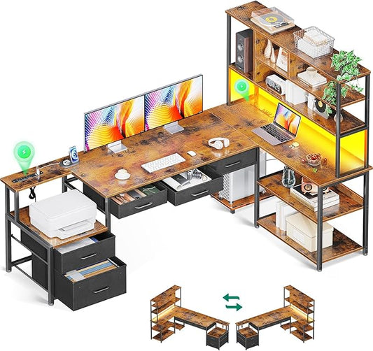 AODK 79 inch L Shaped Desk with 5 Drawers, Reversible L Shaped Gaming Desk with LED Light & 2 Power Outlets, Computer Desk with Storage Shelves for Home Office, Vintage