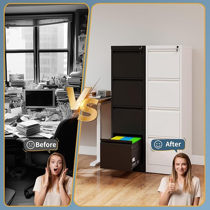 4 Drawer File Cabinet with Lock, Vertical Filing Cabinets for Home Office, Metal Storage Cabinets, Heavy Duty File Cabinet for Letter/Legal/A4/F4 Size Amsseble Required, White