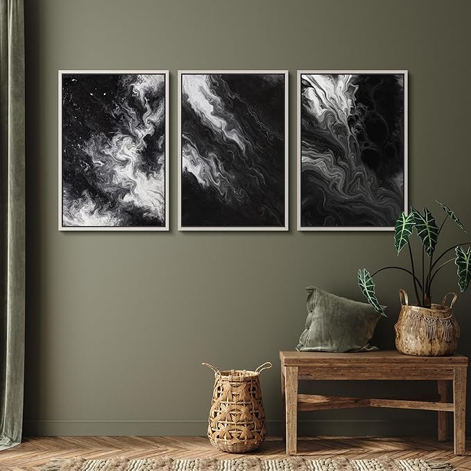 SIGNFORD Framed Wall Art Print Set Black and White Marble Abstract Modern Fluid Digital Art Modern Art Contemporary for Living Room, Bedroom, Office - 16"x24"x3 WHITE