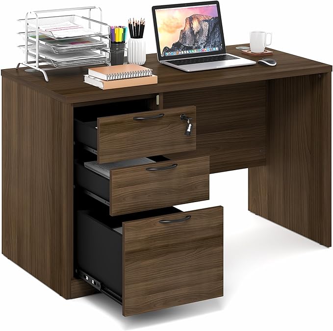 Furinno Roger 47 Inch Executive Desk with File Cabinet, Home Office Desk with 3-Drawer Fixed Pedestal Filing Cabinet, Desk Cord Grommet, for Home Office, Modern Walnut