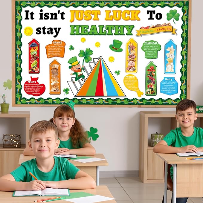 56pcs St. Patrick's Day Bulletin Board Decorations Nutrition and Health Theme Bulletin Board Green Lucky Shamrock Healthy Notes Cutouts for Irish Holiday Home Classroom School Chalkboard Wall Decor