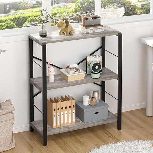 FOLUBAN Small Bookshelf and Bookcase, 3 Tier Low Short Book Shelves, Rustic Wood and Metal Shelving Unit for Small Spaces, Bedroom Living Room, Light Grey