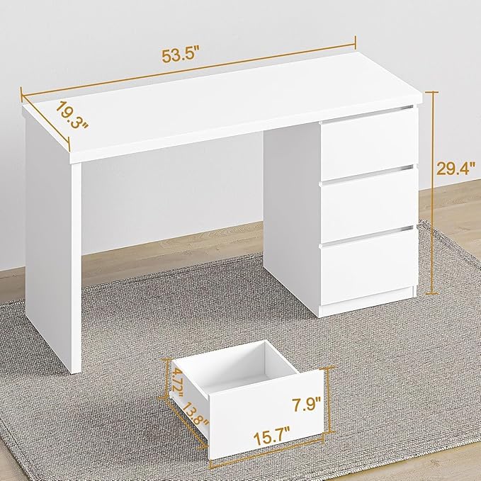 furtble White Desk with Drawers, 53'' W Home Office Computer Desk Gaming Table, Modern Vanity Desk with Storage, Wood Writing Workstation for Bedroom, Living Room, White