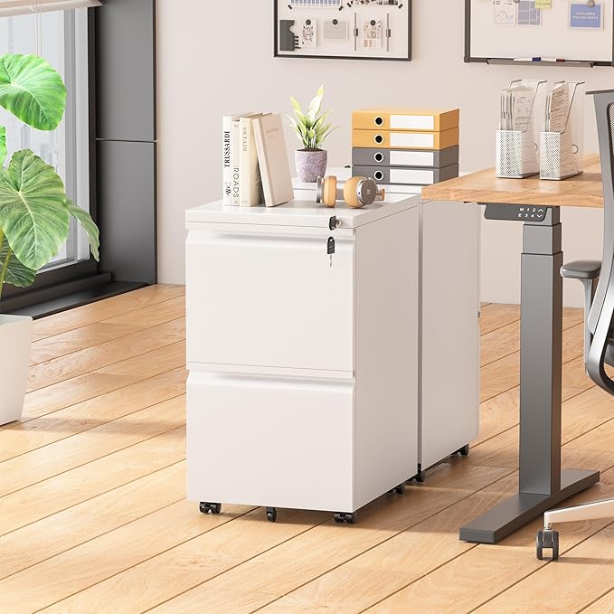 Pataku 2 Drawer File Cabinet, Small File Cabinets with Lock, Metal Rolling Filing Cabinet with 2 Drawer, Filing Cabinets for Home Office Fit A4/Letter/Legal, Easy Assembled, White