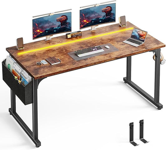 Computer Desk 55 Inch Home Office Desks with Storage Bag,Gaming Writing Work from Home Study Desk with Adjustable LED Lights,Office Desk with Headphone Hook Sturdy Metal Frame, Rustic Brown