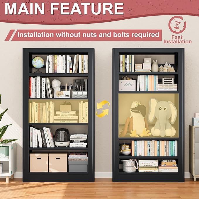 Large Metal Bookcase, 69” Modular Bookshelf with Storage, 5 Tier Bookcase with Adjustable Shelves, Extra Tall Book Shelves, Modern Book Case for Library, Office, Entryway, Living Room（Black）