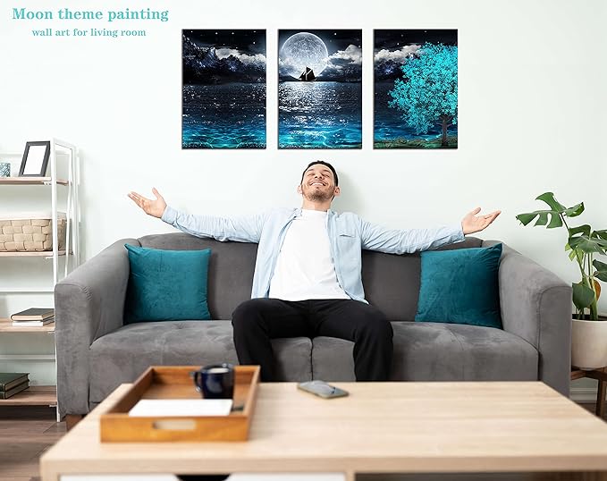Moon Wall-Art For Bedroom - Teal Wall Art For Living Room - Ocean Tree Home Wall Decor 3 Pieces Framed Canvas Art 16x24 Inches