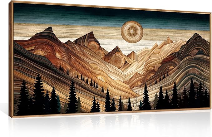 HLNIUC Large Mountain Wall Art, Tree Ring Wood Nature 40"x20" Framed Wall Decor, Rustic Desert Canvas Painting, Brown Abstract Landscape Art Print for Living Room, Bedroom, Office