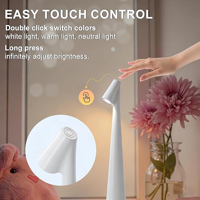 Portable LED Table Lamp with Touch Control, White, 3 Brightness Levels,2000mAh Battery, USB Rechargeable, Cordless, 4500K Color Temperature