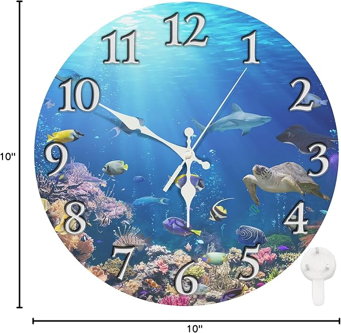 Britimes Round Wall Clock Silent Non-Ticking Battery Operated Clock 10 Inch, Underwater Coral Reef Tropical Fish Home Decor for Living Room, Bathroom, Bedroom, Kitchen, Office and School