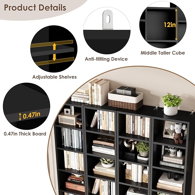 FOTOSOK 71'' Tall Bookshelf with 21 Cubes, 8 Tier Triple Wide Black Bookshelf with 8 Adjustable Shelves, 35" Large Bookcase DVD/CD Media Tower Storage, Freestanding Display Shelf Cabinet, Black
