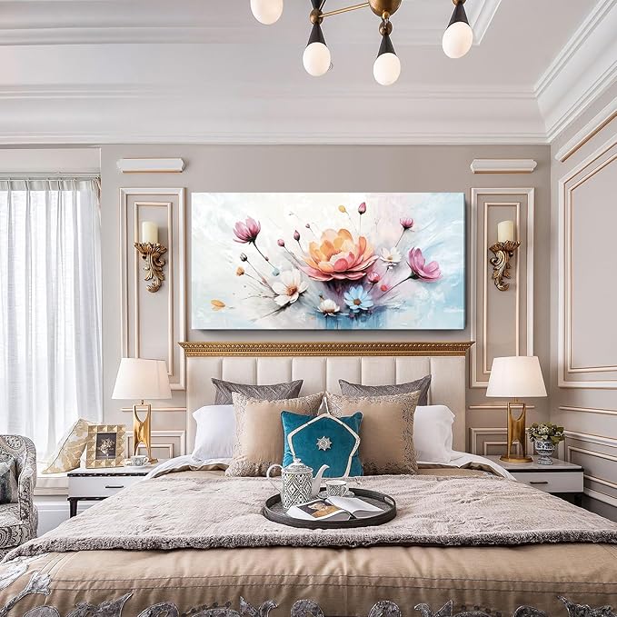amatop Oversized Floral Canvas Wall Art, Large Modern Abstract Pink White Blue Botanical Print – Elegant Nature Wall Decor for Living Room, Bedroom, Office & Hallway (58x29 inch)