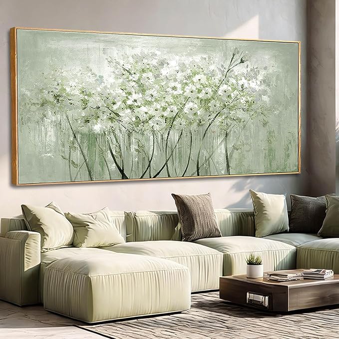 Green and White Floral Wall Art Blossom Canvas Painting Nature-Inspired Artwork Large 40x88 Modern Framed Wall Decor for Living Room Bedroom Office