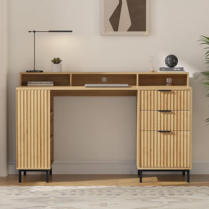 Fluted Executive Desk with Charging Station, 55" Modern Wood Office Desk with Monitor Stand & File Drawer, Home Writing Study Computer Table for Work Study, Natural Oak