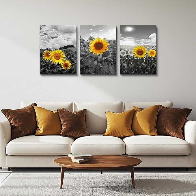 Canvas Wall Art - Family Wall Decor, Kitchen & Bedroom - Black & White Pastoral Scenery - Sunflower Flowers - 16x12, 3 Piece