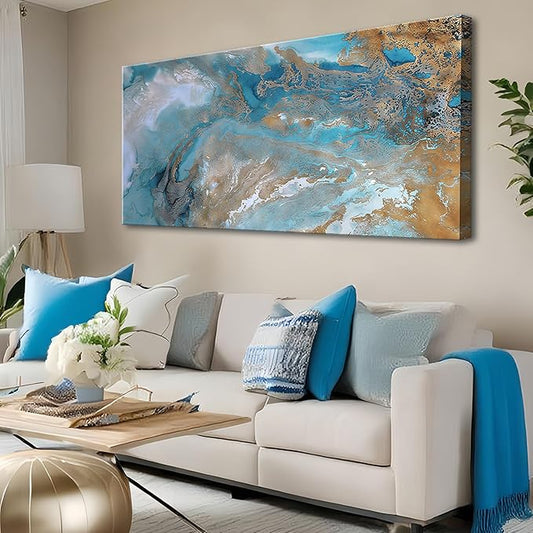 Blue Abstract Canvas Wall Art for Living Room, Navy and Gold Fluid Marble Picture Prints, Modern Painting Artwork for Bedroom, Bathroom, Office, Home Decor 20x40 Inch