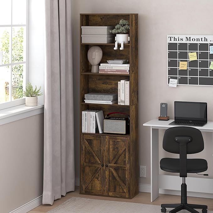 Furinno Jensen Book Shelf, 6-Tier Farmhouse Bookshelf, Display Bookcase with Doors, 9.2" x 21.6" x 71.2", for Organization and Storage, for Living Room, Bedroom, Home Office, Amber Pine