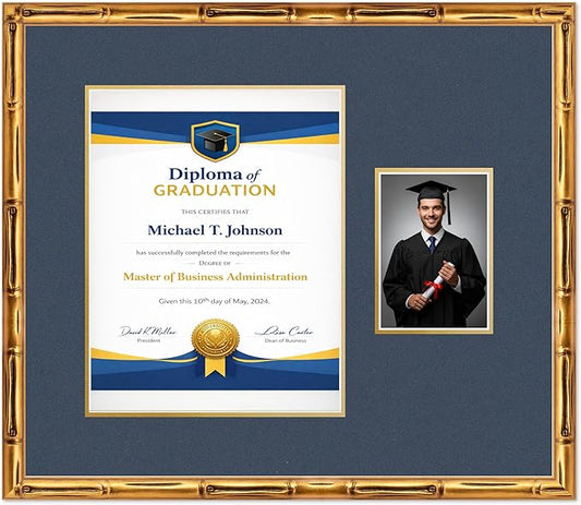 Diploma Frame With Photo Opening Gold Bamboo Navy Blue Over Gold Mat - Fits 11 x 14 Degree and Picture Made in the USA