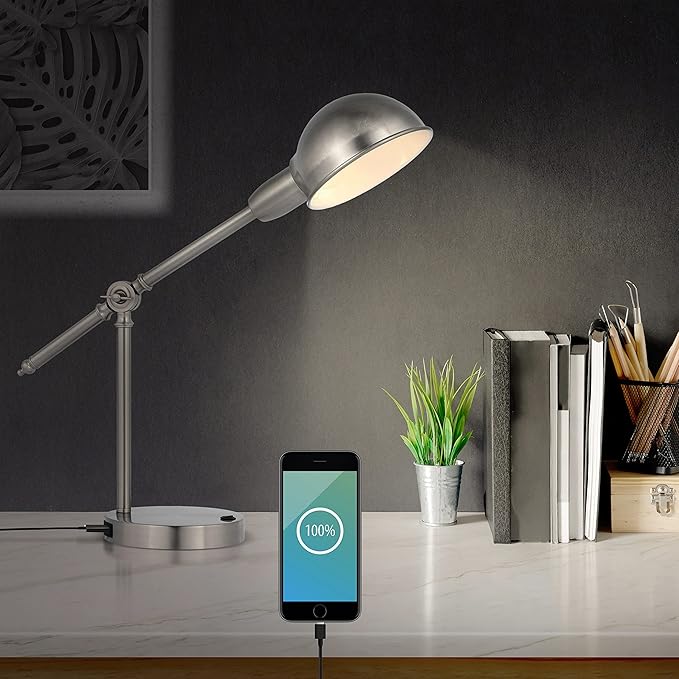 JONATHAN Y 20.25" Nickel Vintage Industrial Iron Adjustable Task Lamp with USB Charging Port for Office Desk, Metal Yellow Dome Shade, LED Bulb Included (JYL7123B)