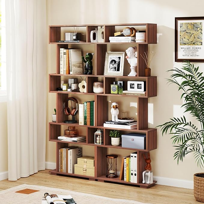 Giantex 6-Tier Geometric Bookshelf Set of 2, S-Shaped Bookcase with 2 Anti-Tipping Kits, Wooden Display Shelf, Decorative Storage Shelving Unit, Home Storage Organizer for Office Living Room, Walnut
