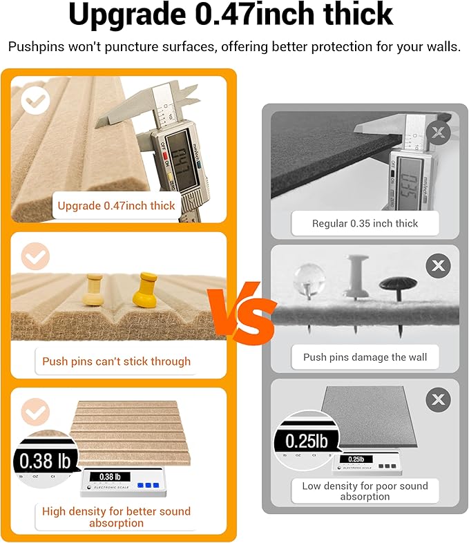 1/2" Thick Cork Board for Office, 6 Pack Felt Wall Tiles -28"x18" with Safe Adhesive Tabs, Large Bulletin Board, Push Pin Board Organizer Wall - Tan