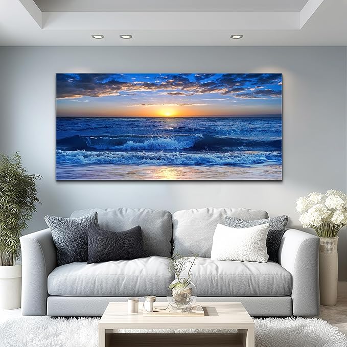 Canvas wall art for living room Blue Ocean Sea sun landscape painting bathroom Wall Decor Ready to Hang for Home Decorations office family bedroom kitchen Works canvas Prints pictures 30" x 60"inch