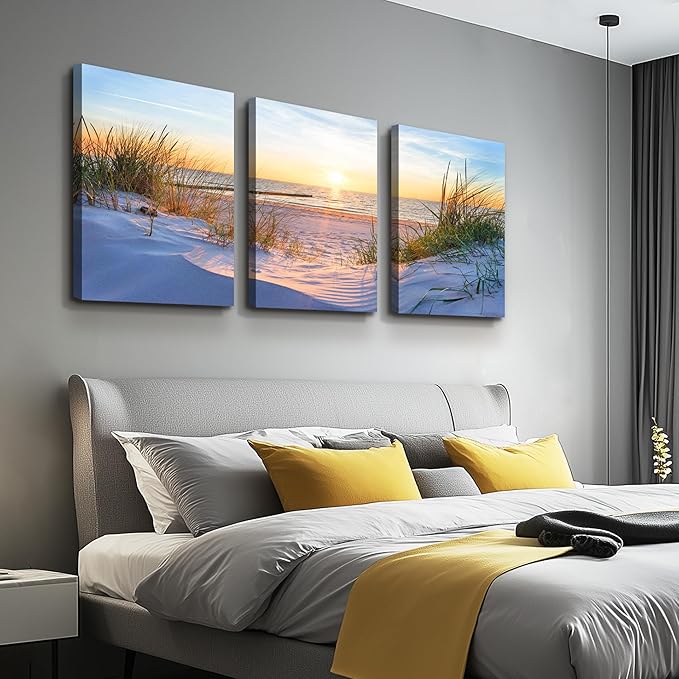 MHARTK66 Large Canvas Wall Art For Bedroom Wall Decor For Living Room Modern Office Pictures Wall Artwork Blue Sun Beach Grass Ocean Landscape Paintings Canvas Art Prints Home Decorations 3 piece