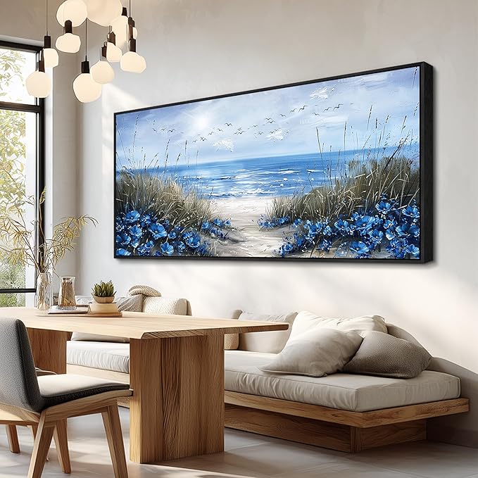 KELIYUAN Blue Ocean Wall Painting Wall Art For Living Room Large Canvas Wall Decor For Bedroom Office Decor Sea Wave Pictures Artwork Modern Beach Posters Aesthetic Home Decor Wooden Frame 32"X72"