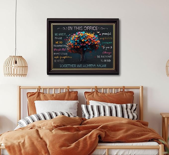 Dark Brown Frame Office Inspirational Tree Of Life Canvas Wall Art Teamwork Positive Energy Picture Wall Decor Team Rules Inspiring Poster Print Painting for Living Room Bedroom Man Cave Decoration
