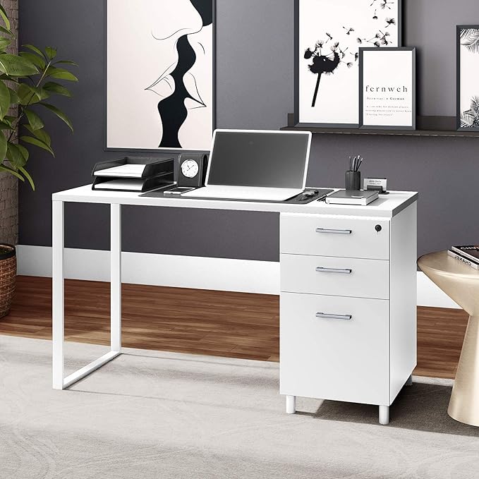 Modern Design Milano Office Desk with 3 Locking Drawers, 48 Inch White Industrial Wood Desk with Filing Drawer and Storage, by Crafts and Comfort