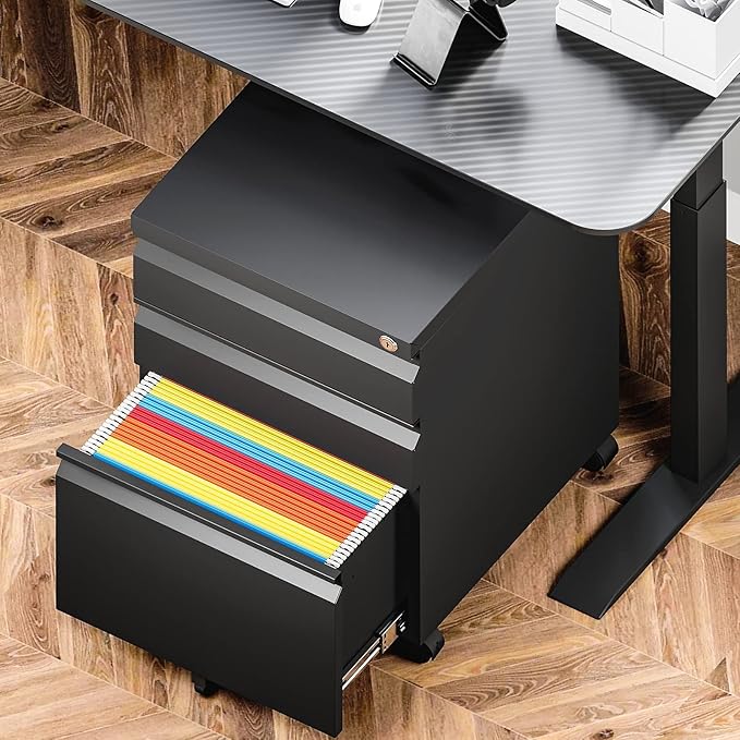 Yizosh 3 Drawer Mobile File Cabinet with Lock, Black Under Desk Rolling Filing Cabinet, Metal Locking File Cabinet on Wheels for Legal/Letter/A4 File (Required Assemble)