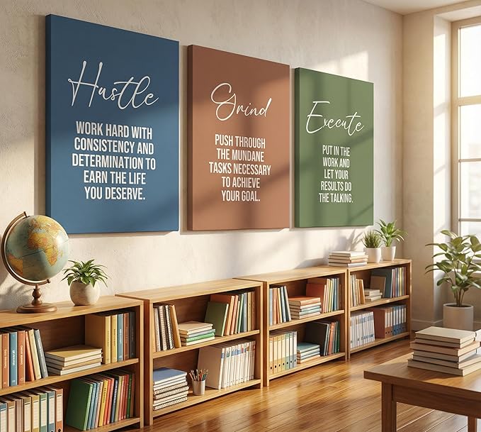 3pcs Inspirational Quotes Canvas Wall Art Uplifting Motivational Positive Office Wall Decor Pictures Hustle Execute Success Quotes Posters Prints for Living Room Bedroom Man Cave Decorations
