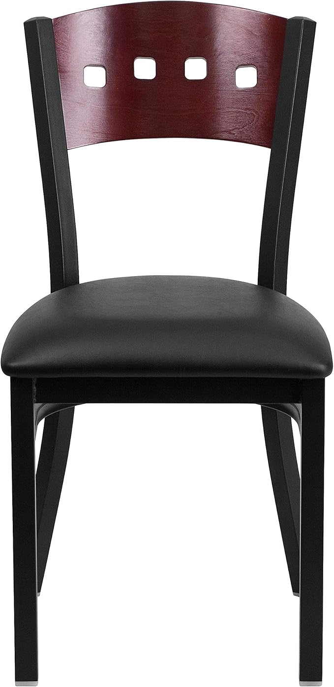 Flash Furniture HERCULES Series Black 4 Square Back Metal Restaurant Chair - Mahogany Wood Back, Black Vinyl Seat