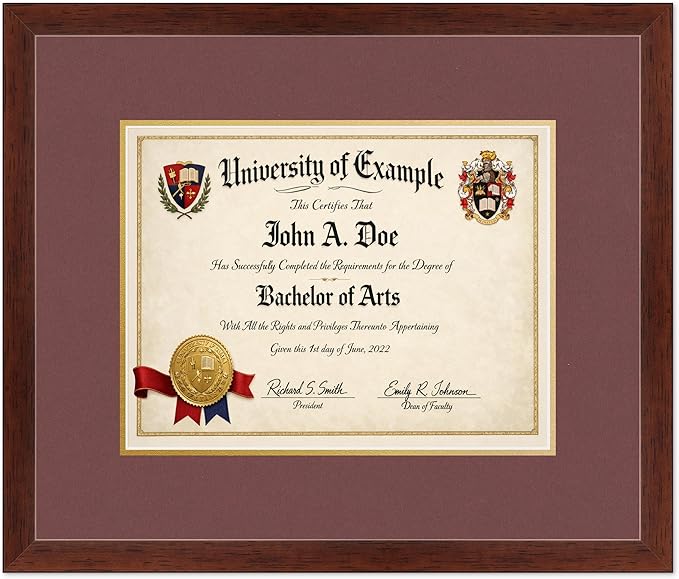 CountryArtHouse Diploma Frame Fits 13 x 10 College Diploma (Traditional) - Keepsake Graduation Display Rustic Walnut Genuine Hardwood with Dark Red Over Metallic Gold Double mat