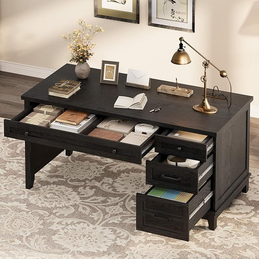 GarveeHome Farmhouse Executive Desk with Drawers, 53.54 in Home Office Desk with Charging Station, Wooden Computer Desk with File Cabinet Storage for Work Study Writing, Rustic Black