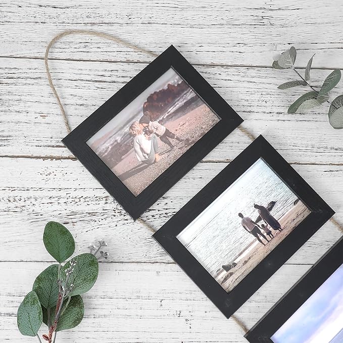 2 Pcs 4x6 Wall Hanging Picture Frames Collage with 10 Openings Picture Frame Collage With Rope - Rustic Black, Casual Style Engineered Wood Frames - Wall Mount Only