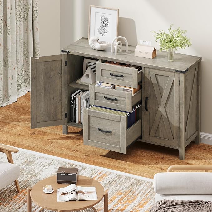 Farmhouse File Cabinet with Doors, Lateral Filing Cabinet with 3 Drawers for Letter/A4 Size Hanging Files, Large Wooden Printer Stand with Adjustable Shelves for Home Office, Rustic Grey