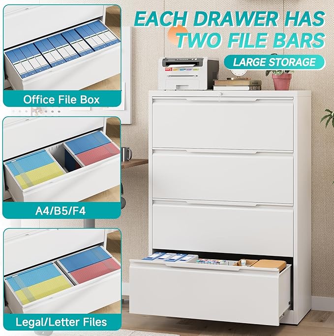 4 Drawer Lateral File Cabinet with Lock, Heavy-Duty Metal Filing Cabinet for Home Office, Steel Storage Compatible with Hanging Files Letter/Legal/F4/A4 Sizes (4 Drawer, White)