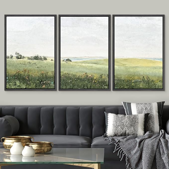 SIGNWIN Framed Canvas Print Wall Art Set Green Pasture Countryside Flower Field Nature Abstract Illustrations Modern Art Decorative Nordic Rustic for Living Room, Bedroom, Office - 16"x24"x3 Black