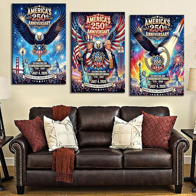 DINGFUN Patriotic Wall Decor 3 Piece Canvas Art, 1776-2026 America's 250th Anniversary Semiquincentennial Framed Large Painting, USA Historical Celebration Print for Living Room, 72x36 Inch